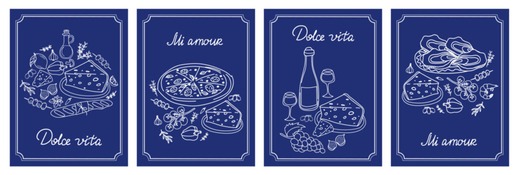 Set of four vector illustrations showcasing Italian cuisine with pizza, cheese, wine, and other delicacies.