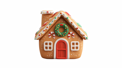 Delightful gingerbread house adorned with festive holiday decorations and a welcoming red door.