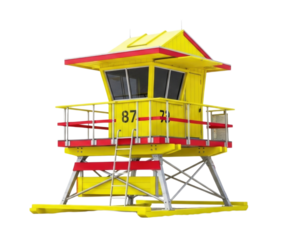 Bright yellow lifeguard tower with red accents standing on the beach during a sunny day transparent background, cutout PNG