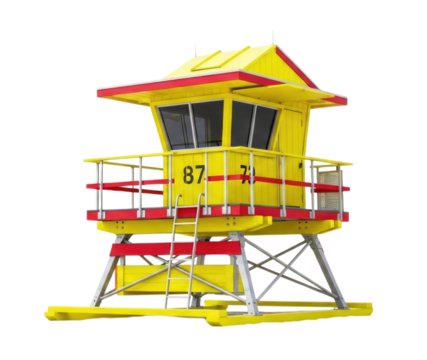 Bright yellow lifeguard tower with red accents standing on the beach during a sunny day transparent background, cutout PNG