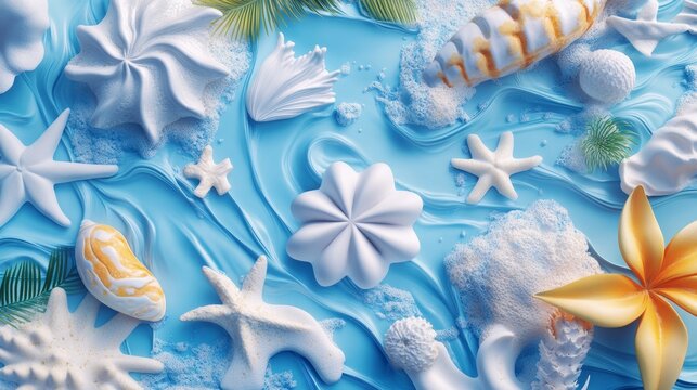 Vibrant cake with starfish, seashells, and tropical decorations for a beach-themed birthday celebration.