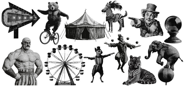 Set of circus entertainment halftone grunge vector design elements