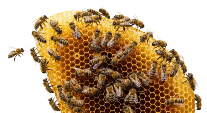 Swarm of honey bees working on honeycomb creating natural honey in vibrant colony transparent background, cutout PNG