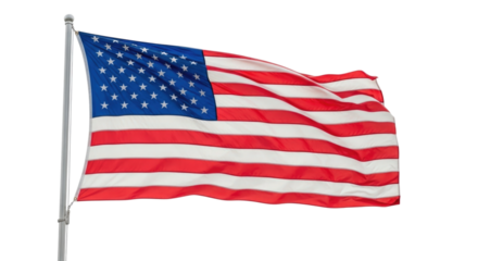 USA flag waving in the wind against a clear sky with a transparent background, cutout PNG