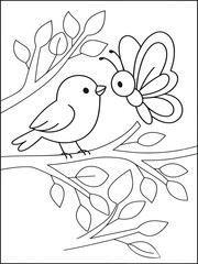A charming black-and-white illustration depicting a bird perched on a branch, interacting with a butterfly.