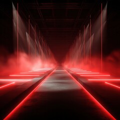 Illustration of a fashion show runway, red lights and neon lamps in smoke, black background, long podium perspective, focus cover all object.
