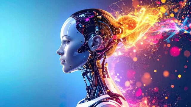 A mesmerizing portrait of a female android, her face radiating intelligence and futuristic aura, framed against a gradient backdrop, is perfect for sci-fi and tech concepts.
