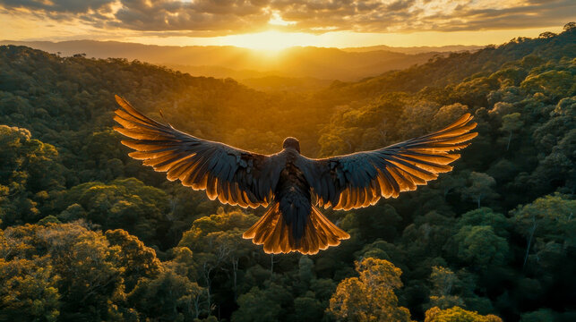 A bird soars gracefully above the vibrant forest canopy, wings fully extended as the golden sunset bathes the treetops in warm light, embodying freedom and the serenity of wilderness