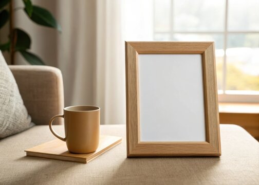 frame mockup. Cozy living space featuring a blank photo frame, a warm beverage, and a stylish wooden surface, creating a relaxed atmosphere.