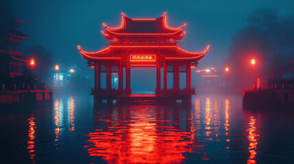 Naklejka premium Red Illuminated Pagoda Over Water at Night