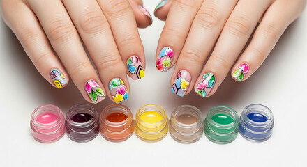 Creative Floral Nail Art Holding Color-Matched Paint Jars &ndash; Studio Isolated