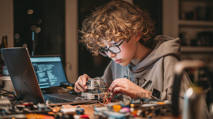 Boy building electronics with wires and laptop at night indoors.