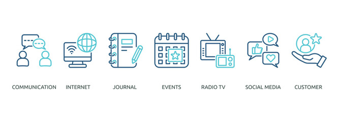 public relations outline color banner icon of communication, internet, journal, events, radio tv, social media, customer
