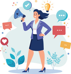 Flat illustration of a confident businesswoman with megaphone making an announcement