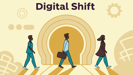Employees Entering a Glowing Tunnel Labeled “Digital Transformation” – Futuristic Vector Illustration

