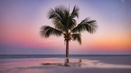 Fototapeta na wymiar Serene tropical palm tree reflects in calm ocean water during a breathtaking vibrant sunset sky