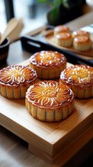 Traditional asian mooncakes on wooden platter for mid-autumn festival celebration