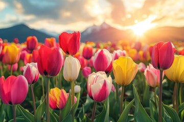 Mass of vibrant tulips during sunset with mountain in background.