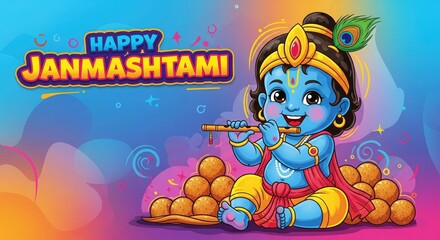 Fototapeta premium Cute Baby Krishna with Ladoo – Happy Janmashtami Festival HD Krishna Wallpaper