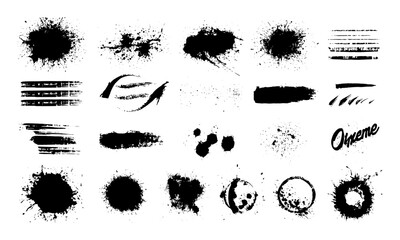 Black paint brush strokes and spray stencil collection with round grunge blotches, ink splatter, textured lines, distressed elements, isolated vector shapes for graffiti, design, decoration