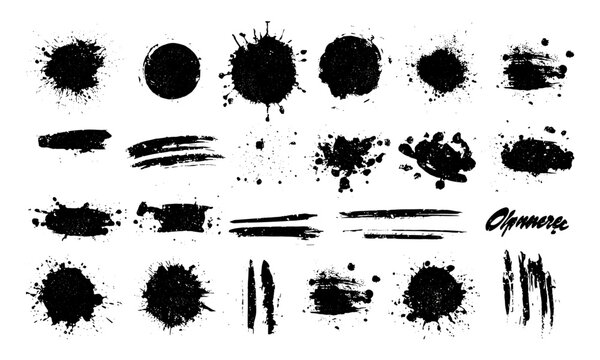 Spray graffiti brush strokes and black paint splatter collection with ink blotches, stencil design elements, curved lines, grunge texture, isolated vector shapes for artistic and urban projects