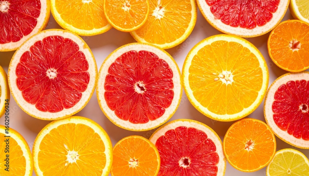 Poster overhead close up of sliced grapefruit and oranges in a colorful still life