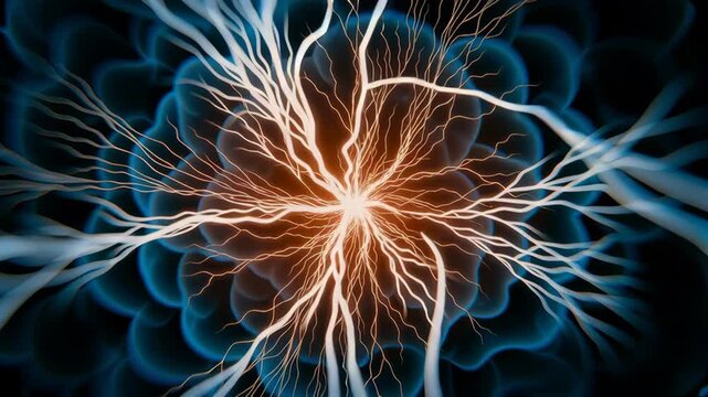 Vibrant Abstract VDO with Central Burst of Energy and Radiating Lines Resembling Neural Connections and Lightning, Depicting Electric Currents