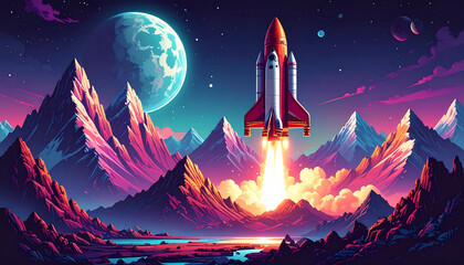Fototapeta premium A vibrant rocket launch scene in a mountainous landscape 