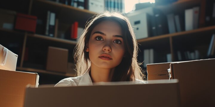 A young woman working in an office environment, surrounded by stacked boxes. She appears to be sorting through the items. - Powered by Adobe