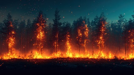 Forest ablaze at night