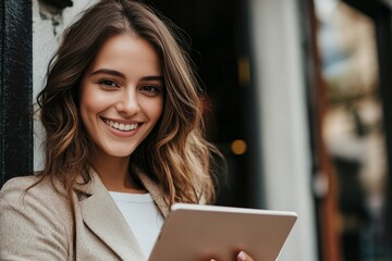 Fototapeta premium Smiling young woman with modern tablet device, holding it in hand while standing on street. Friendly and professional image.