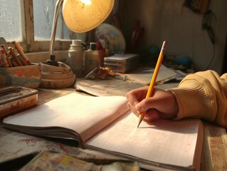 Student Writing in Notebook at Desk