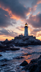 Fototapeta premium Lone lighthouse on rugged coast glows warmly at sunset with gentle ocean waves. 