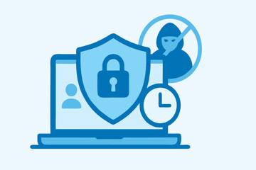 Flat Vector Illustration of Cybersecurity Shield and Lock Protecting Laptop Data with Hacker Icon Crossed Out – Blue Tech Style