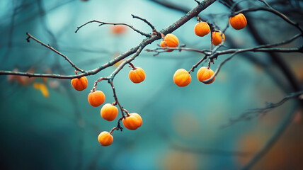 Bright orange persimmons on bare tree branch against soft blue background