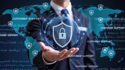 A businessman presents global customer support protection with a lock shield displayed in his hand