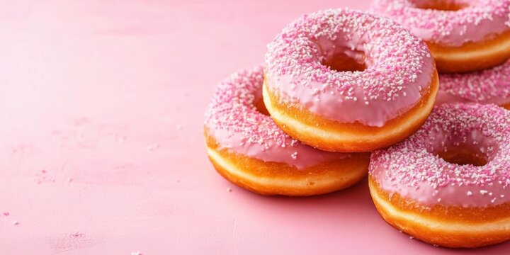 Pile of six glazed donuts with pink frosting, each adorned with pink sprinkles.