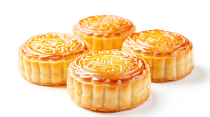 Traditional golden mooncakes on white background with intricate designs