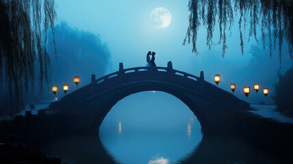 Romantic silhouette of couple on moonlit bridge with lanterns