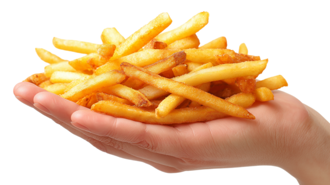 Hand Holding Golden French Fries on Transparent Background - Powered by Adobe
