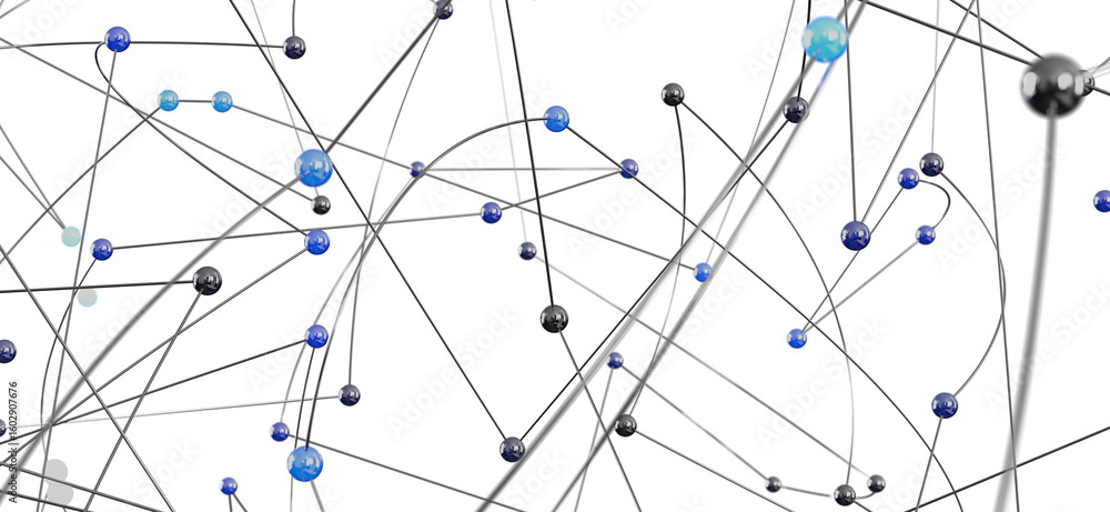 Poster 3d rendering of interconnected nodes. ideal for technology, network, or connection concepts.