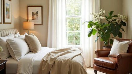 Fototapeta premium A cozy bedroom with natural light and a touch of greenery.