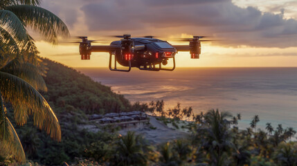 Obraz premium A sleek drone taxi gracefully hovers above a tropical island landing pad, with palm trees framing the view and a vibrant sunset casting warm hues over the ocean below. Air mobility redefined