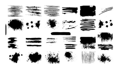 Full collection of grunge texture vectors including spray graffiti, brush strokes, ink splashes, stencil lines, and paint splatter. Isolated design elements with high detail for backgrounds