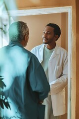 Obraz premium Two men engaged in a medical consultation, with one being a doctor wearing professional attire and the other likely a patient or concerned family member.