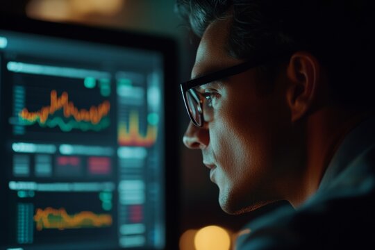 A man, possibly a financial analyst or stock market trader, is focused on his computer screens displaying various charts and data indicators. - Powered by Adobe