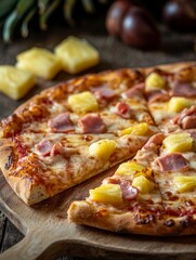 A freshly baked pizza with ham and pineapple toppings, sliced and ready to eat.