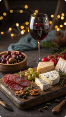 Rustic charcuterie board with red wine and festive lights