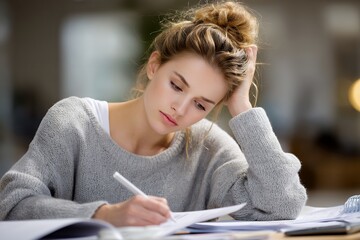 Young caucasian female student studying indoors with focus and concentration