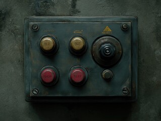 A weathered, dark grey metal control panel with various buttons and a central knob, showing signs of age and wear, mounted on a textured surface